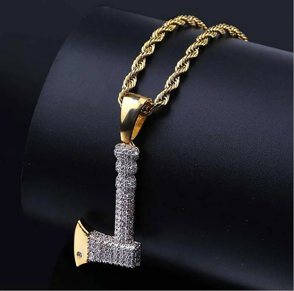 Retro CZ Gold Axe Hanger Bling Bling CZ Micro Pave 18K Geel Vergulde Ketting Cubic Zirconia Hanger Hip Hop Sieraden