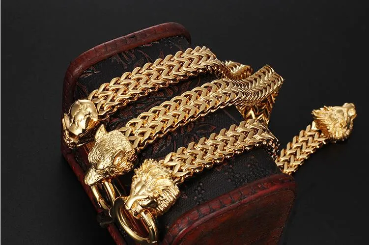 Gran cadena de malla de oro gótico Viking Skull Lion Wolf Head Pulsera Punk Rock Hombres Bicicleta de acero inoxidable Biker Pulseras Brazalete Joyería