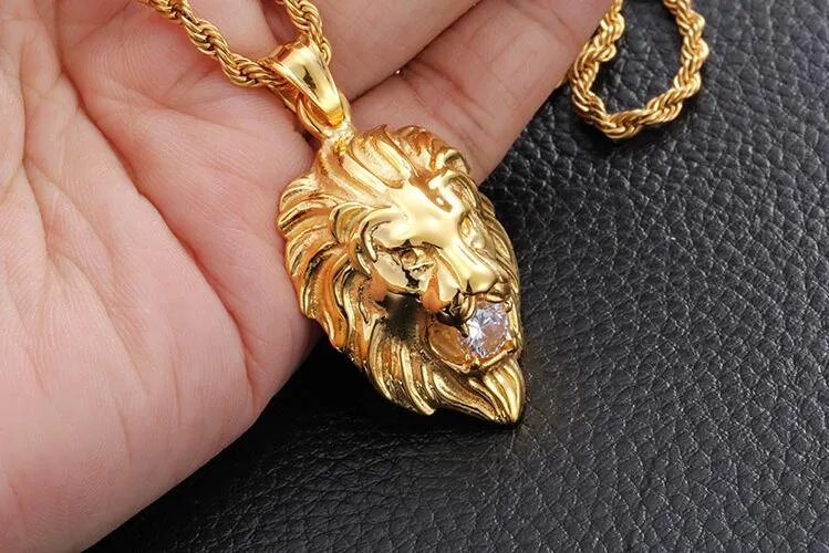 Hommes Femmes 316L Titane Acier Tête De Lion Pendentif Incrusté De Diamant Cool Punk Rock Hip-Hop Or Argent Animal Lion Collier Bijoux 60cm