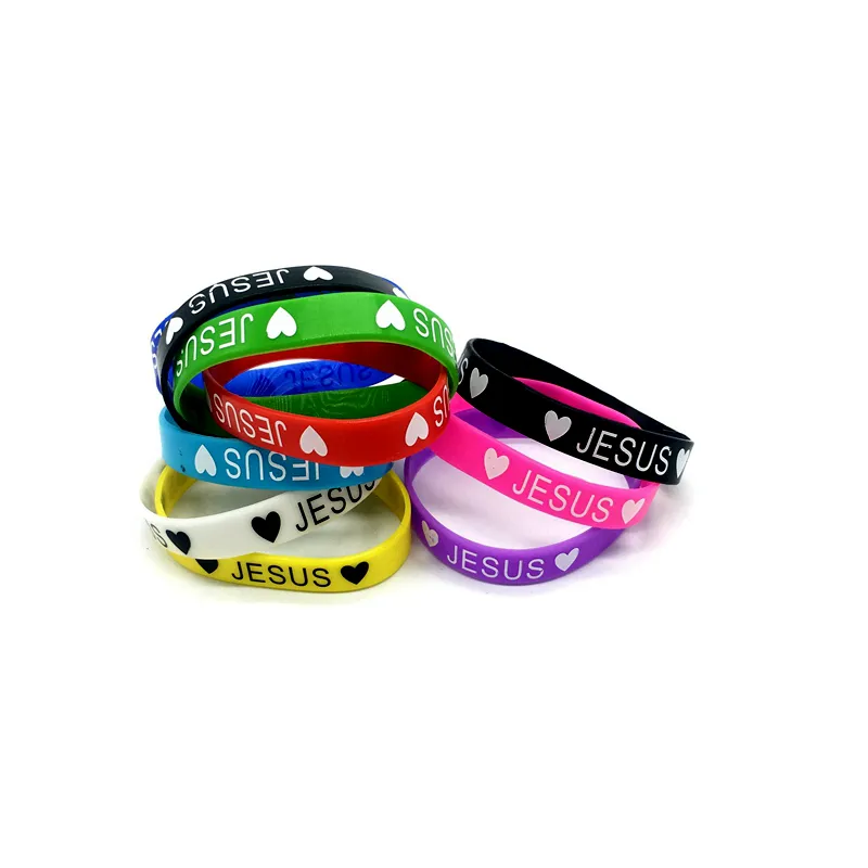 Nieuwe siliconen armband elastische rubberen polsbandjes mannen dames sieraden mode accessoires mix kleuren willekeurig hartvormige liefde Jezus geschenken