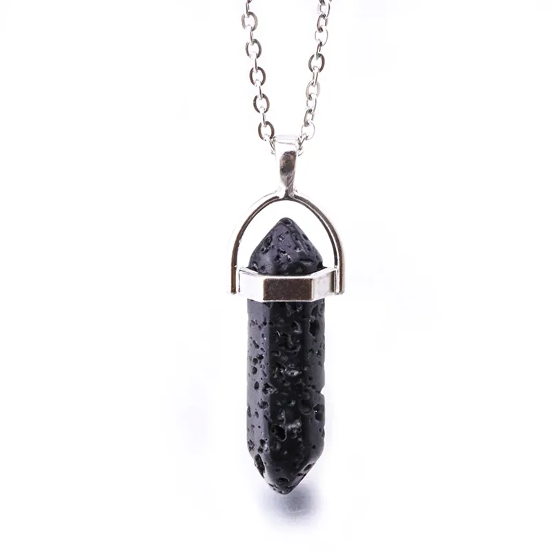 Pendentif prisme hexagonal en pierre de lave noire, pendentif diffuseur de parfum d'huile essentielle d'aromathérapie DIY avec collier de chaîne en acier inoxydable de 50cm