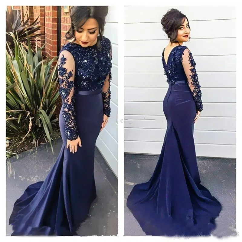 2018 Vestidos Sheer High Neck Lace Mermaid Evening Dresses Navy Blue Illusion Long Sleeves Prom Dresses Appliqued Sweep Train Party Gowns