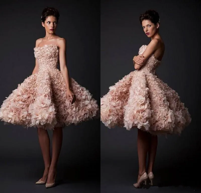 Krikor Jabotian Vintage Prom Dress Sexy Strapless Knee Length Short Dresses Evening Wear Hand Made Flowers Plus Size Cocktail Gowns