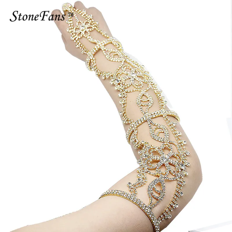 StoneFans Rhinestone Upper Cuff Armband Armlet Bracelets Chain For Bridal Long Bracelets Crystal Wedding Bracelets Bangles Women2900230