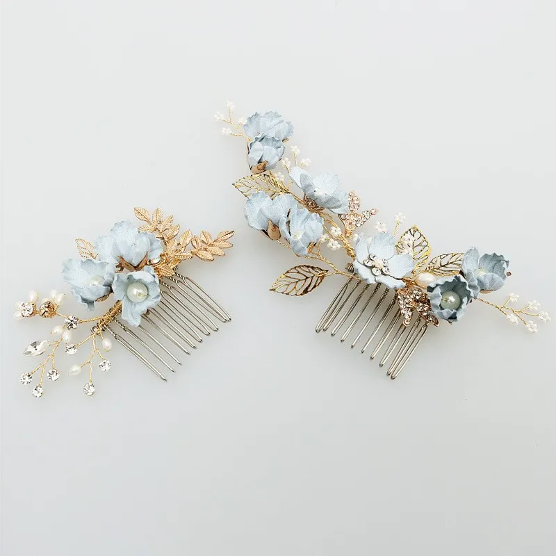 Charming Blue Flower Hair Comb Bridal Pins Pearls Handmade Wedding Jewelry Hair Vine Accessories Women Headpiece