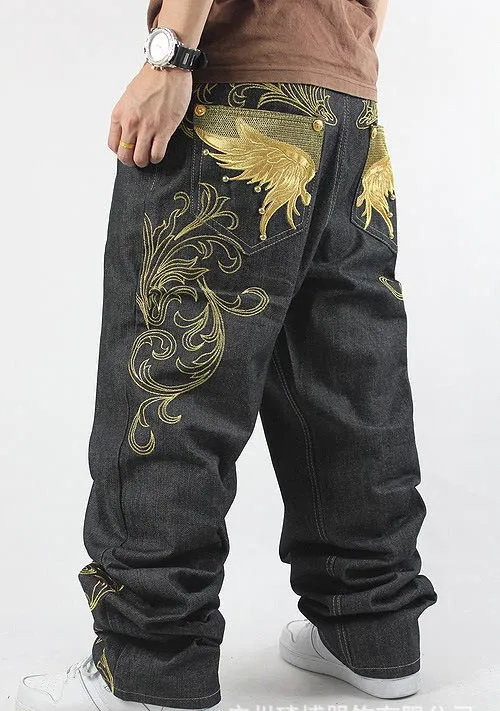 Embroidered pattern hip-hop jeans trousers HIPHOP casual loose plus fat large size skateboard Men jeans pants