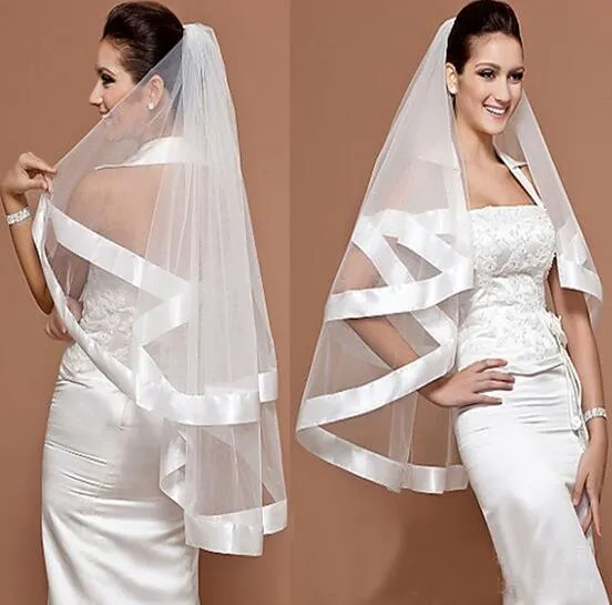 Charme voile de mariée mariage mantille large ruban Satin garniture bord 2 couche blanc 2015 robes de mariée voiles de mariée