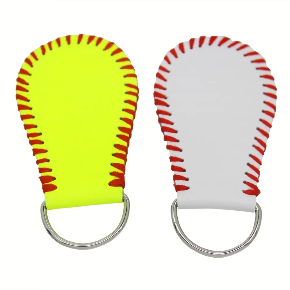 hotsaleusa Softball Sunny Gestickte gelbe Geschenke für Grils aus echtem Leder mit weißem Baseball-Sportsaison-Schmuck-Schlüsselanhänger aus echtem Leder
