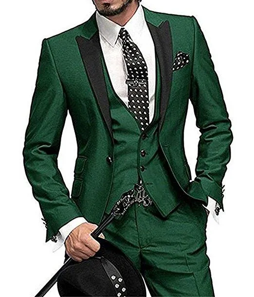 High Quality One Button Dark Green Groom Tuxedos Peak Lapel Groomsmen Mens Wedding Business Prom Suits (Jacket+Pants+Vest+Tie) NO:1288