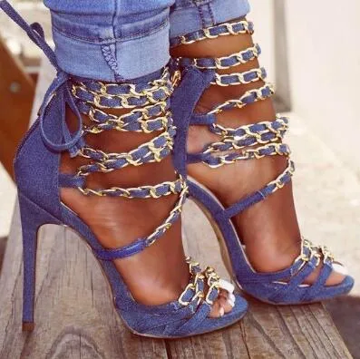 2018 Date Or Chaînes Sandales À Talons Hauts Pour Femme Croix Bretelles Sandales Talons Mince Cut-out Strappy Sandales Sexy Dress Chaussures Bleu