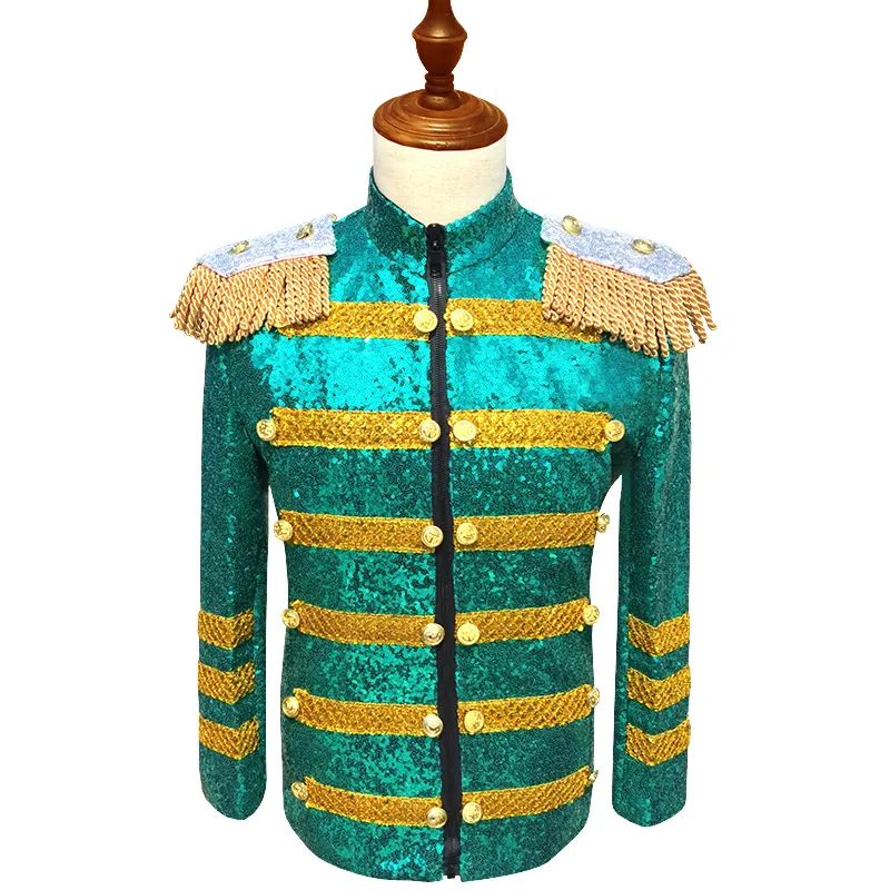 Men Green Sequins Jacket Slim Coat High-end Outerwear Clothing Prom Host Costume Nightclub Bar Male Singer Chorus Performance Stage Outfit