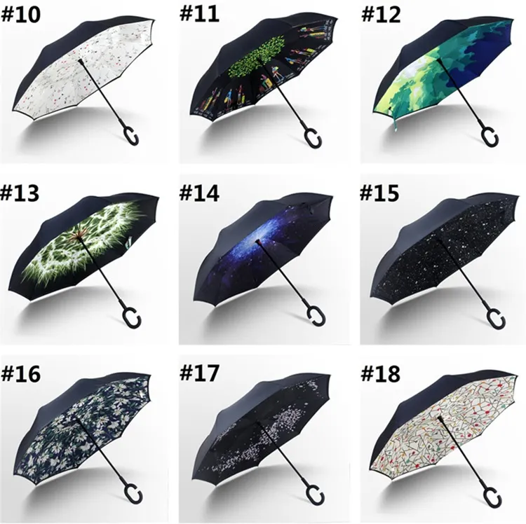 Vikande omvänd vindtätheter Paraply 62 Styles Dubbelskikt inverterade långa handtag Vindtät regnbil Umbrellas C HANDE PAPABRELLAST2