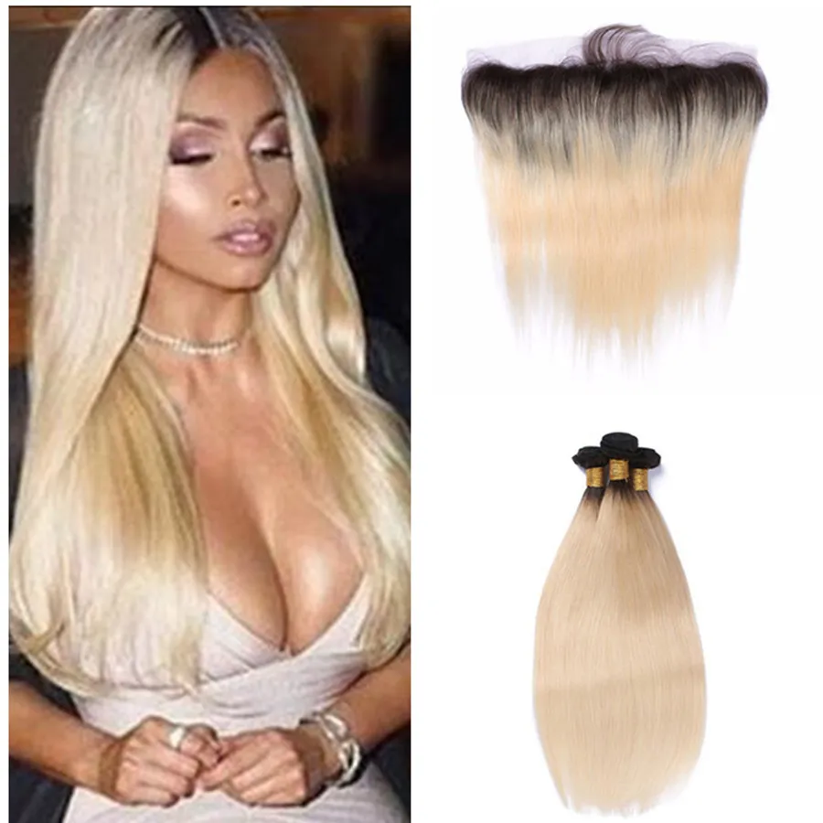 Ombre Blonde Cheveux Avec Dentelle Frontale 1b 613 Sliky Droite Faisceaux De Cheveux Humains Avec 13 * 4 Pleine Dentelle Frontale Brésilienne Vierge Cheveux 8a Grade