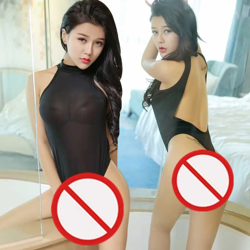 Kostenloser Versand Neue sexy Dessous Cosplay Damen schwarzer Spitze Tüll transparenter enger Body Anzug Badeanzug Bikini Pyjama Uniformen hängender Hals b