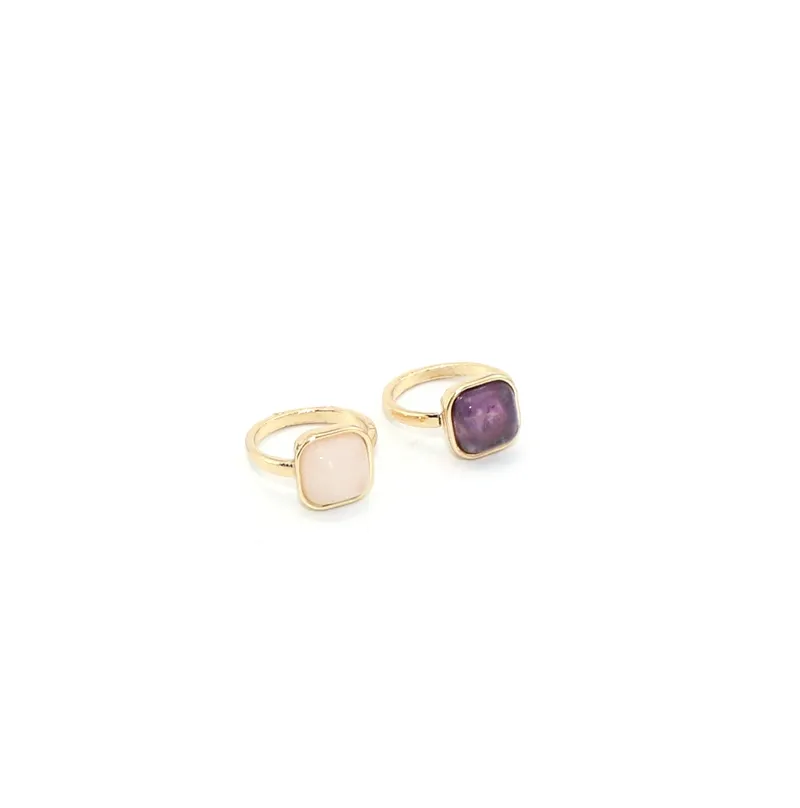 Moda cor de ouro quadrado pedra natural ametista rosa anel de cristal para as mulheres de jóias