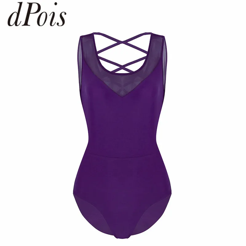 DPOIS Women Sleeveless Mesh Splice Ballet Leotard Adult Gymnastics Leotard Bodysuit Professional Ballerina Costume Dance Wear