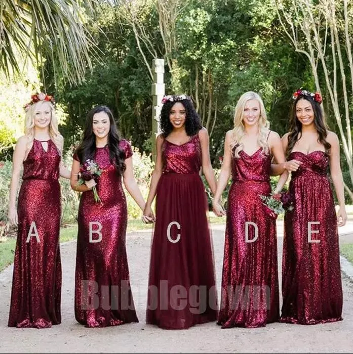 Nedime Elbiseleri 2020 Burgundy Sparkle Sizli Uzun Long Maid of Honor Gowns Özel Yapımı Plaj Düğün Konuk Elbiseleri Vintage G300Y