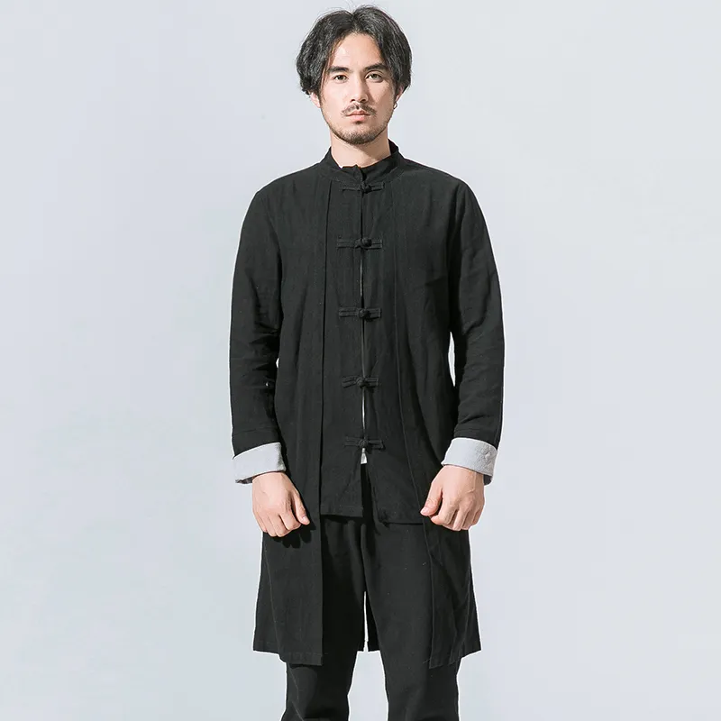 Kinesiska kongfu kläder män står krage coon linne lång trench coat manlig mode casual slim fit cardigan jacka