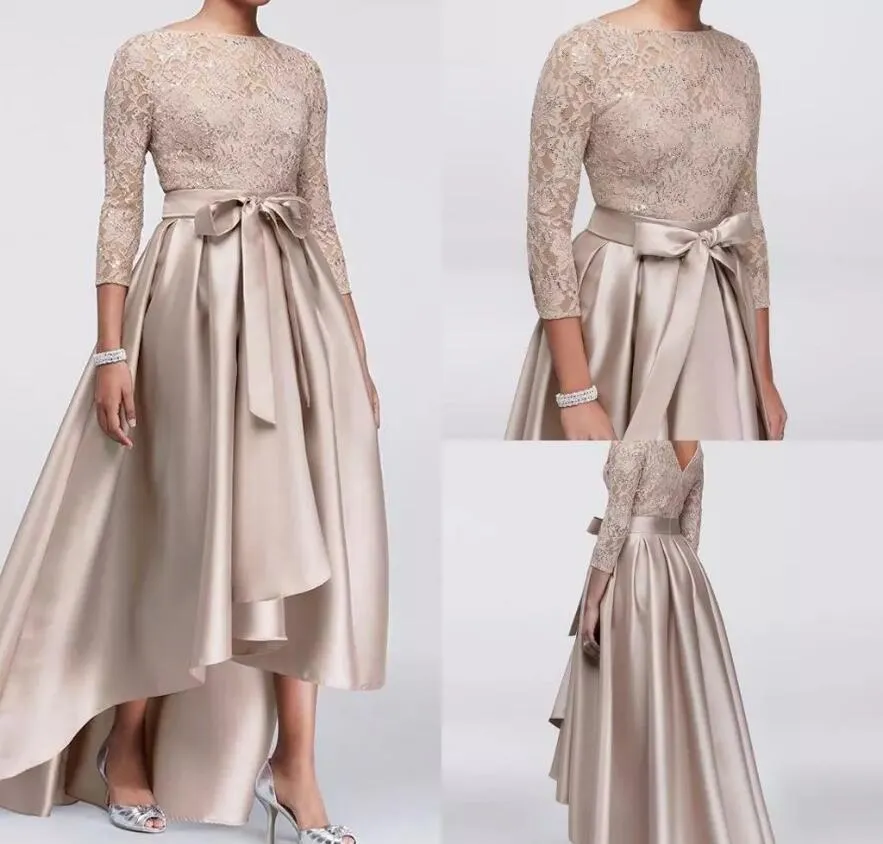 Chic champagne a-line alto basso abiti per la madre della sposa top in pizzo con paillettes abito a maniche lunghe abiti da sera economici invitati al matrimonio D179c