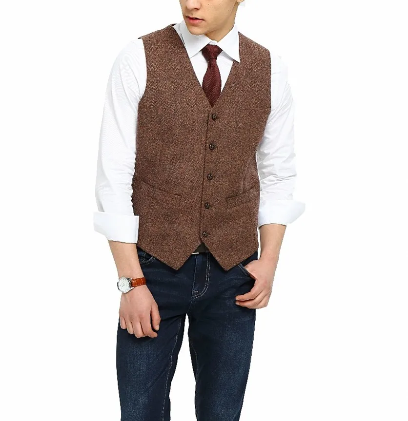 2019 British Country Style Farm Wedding Gilet di tweed di lana a spina di pesce marrone Gilet da sposo su misura Gilet da sposa slim fit Uomo Taglie forti