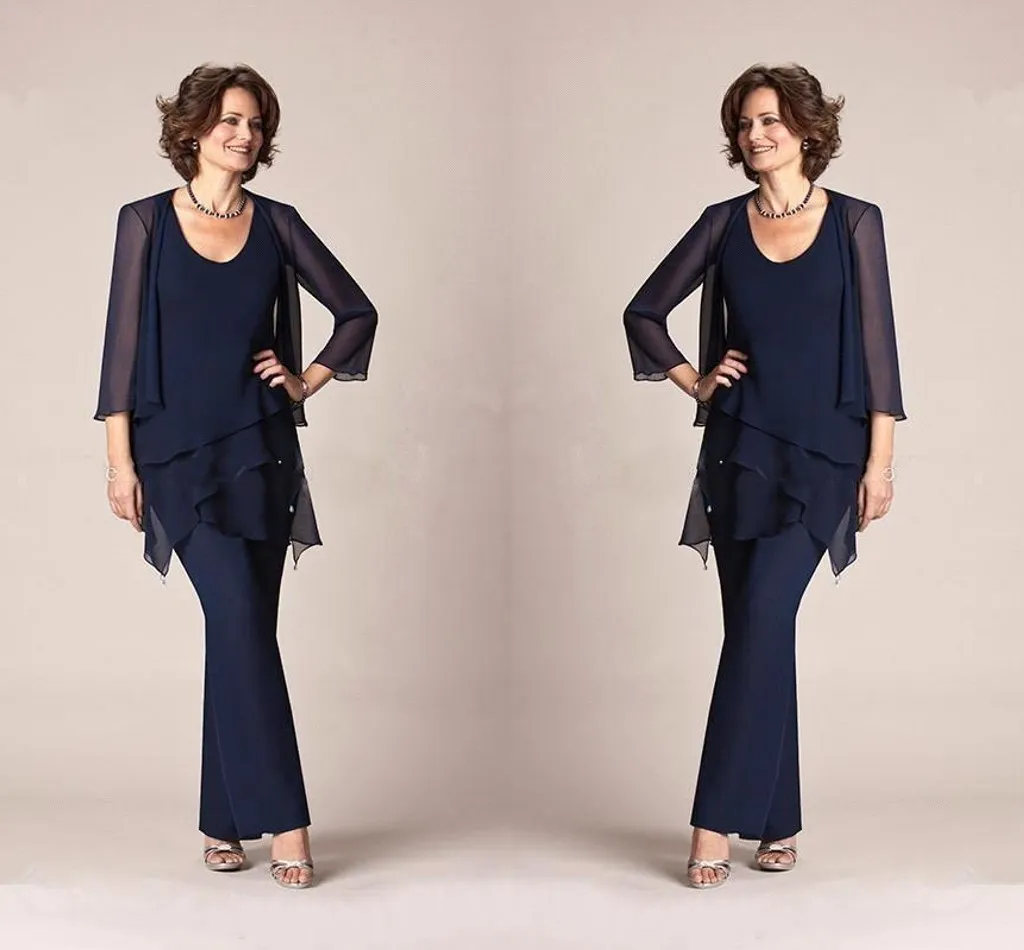 Dark Navy Chiffon Three Pieces Moeder van de Bruid Broek Pakken Jassen Broek 3/4 Lange Mouwen Bruiloft Avond Bruidegom Jurken BA9406