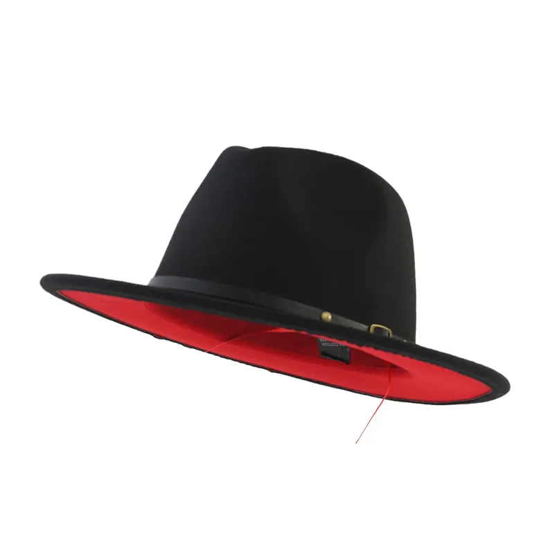 Unisexe Flat Royaume en laine Feel Fedora Hats avec ceinture Red Black Patchwork Jazz Hat formel Panama Cap trilby Chapeau pour hommes femmes