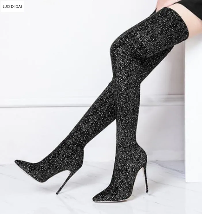 2018 nieuwe vrouwen hoge hakken mode laarzen elastische doek dij hoge laarzen glitter vrouwen booties over knie hoge booties glanzende mujer botas