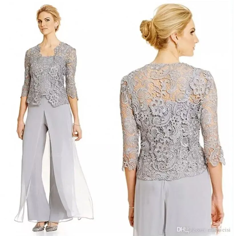 Tre bitar Mor till bruden Pant Suit Plus Size Bride Dresses Scalloped Mothers Suit med spetsjacka Mor av bruden kostymer