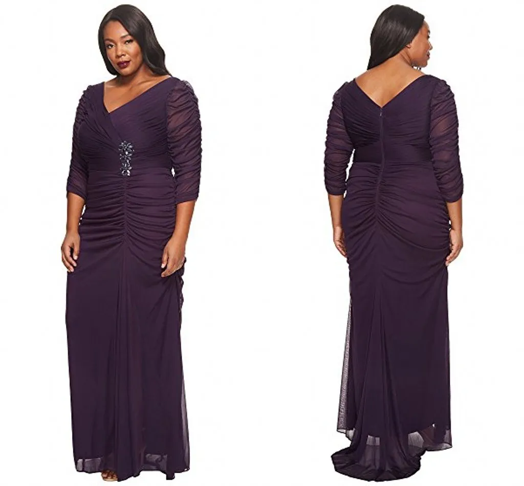 Sexy Dark Purple Plus Size 3 4 Mouw Moeder van de Bruid Jurken Kralen V-hals Side Drape Lange Schede Formele Toga Goedkope Custom Made