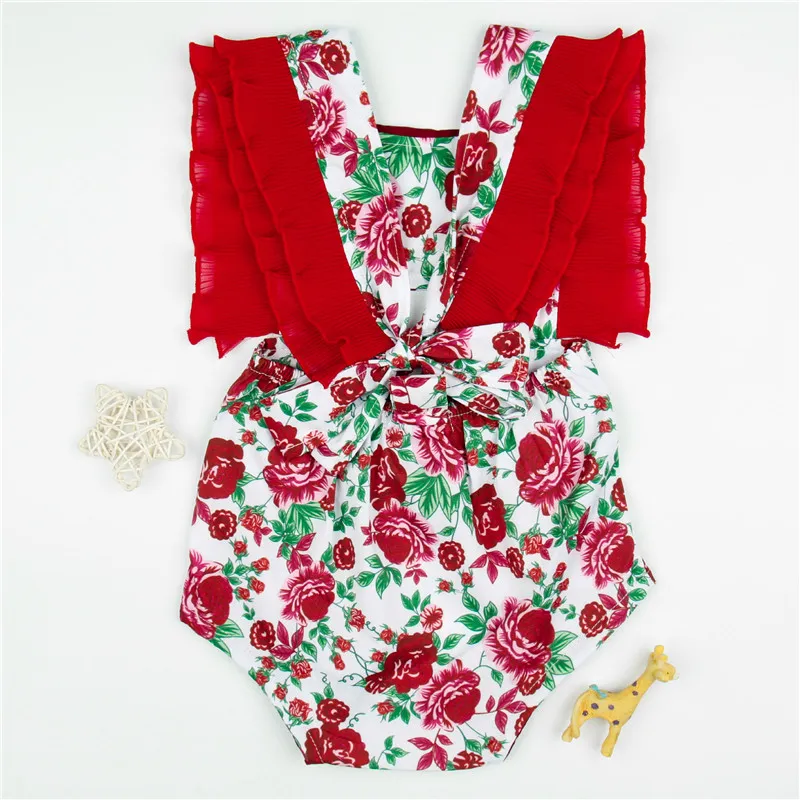 Vestiti ragazze Pagliaccetto con maniche a volant rosa rossa Pagliaccetto floreale estivo neonata Tutina Abbigliamento bambini Tutina Abbigliamento bambini