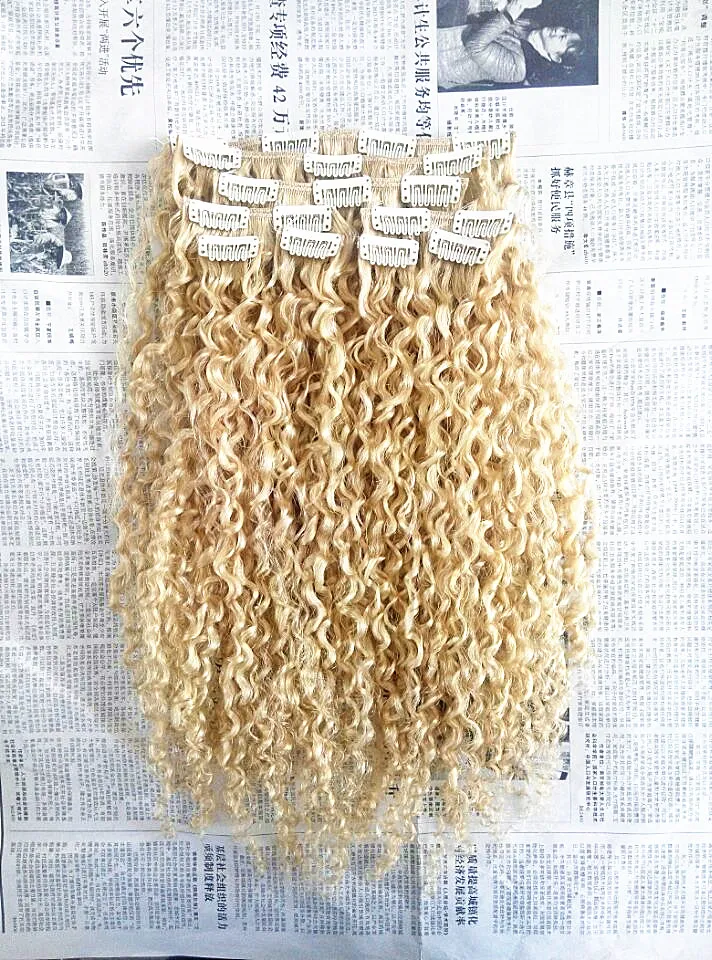 Fashionable Brazilian Curly Clip In Human Virgin Hair Extensions Remy Blonde 613# 120g One Set