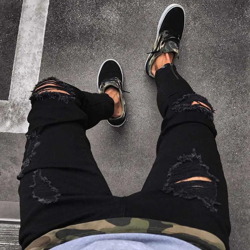 Distressed Black Skinny Jeans Men Ripped Streetwear Hip Hop Knee Hole Zipper Slim Men Pants Fashion homme270K