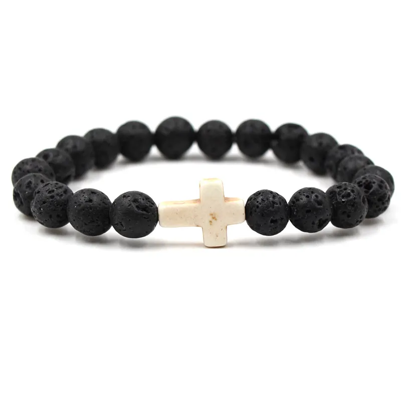 Bracciale con croce elastica perline di pietra lavica nera naturale a i Bracciale con diffusore di olio essenziale Bracciale con perline di roccia vulcanica