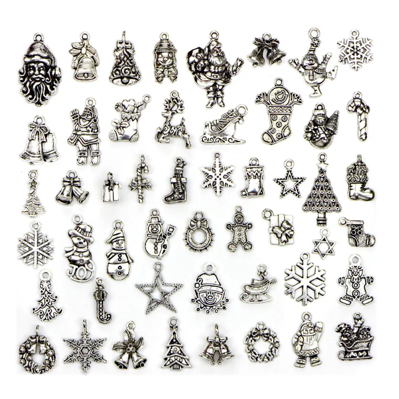 50Pcs/Lot Retro Alloy Loose Beads Trendy Christmas Charms Metal Pendant Tibetan Silver Vintage DIY Bracelet and Necklace Xmas Jewelry Making