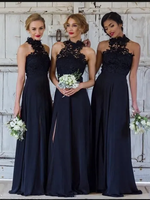 Wysokiej szyi Navy Blue Druhna Sukienki Koronki Top Kobiety Elegancki Elegancki Sexy Prom Party Formalne Suknie