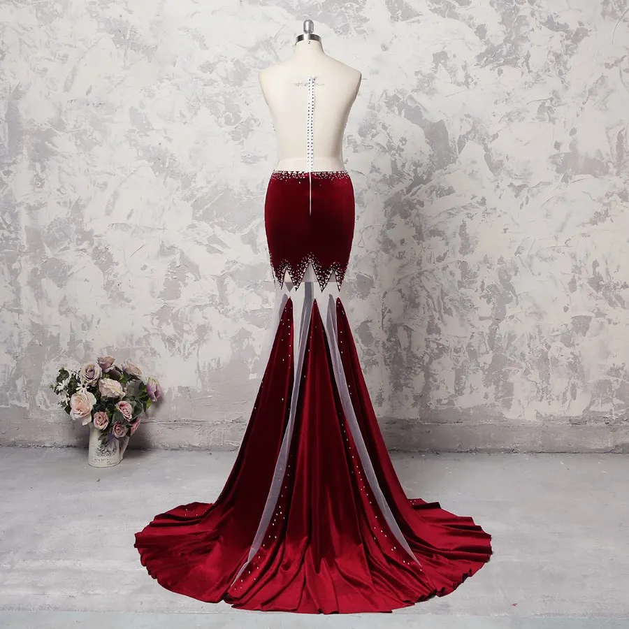 Ny design burgundy prom klänning långa sjöjungfrun kvinna 2018 maxi klänningar pärlstav sexig fantastisk golv längd röd matta kändis klänning