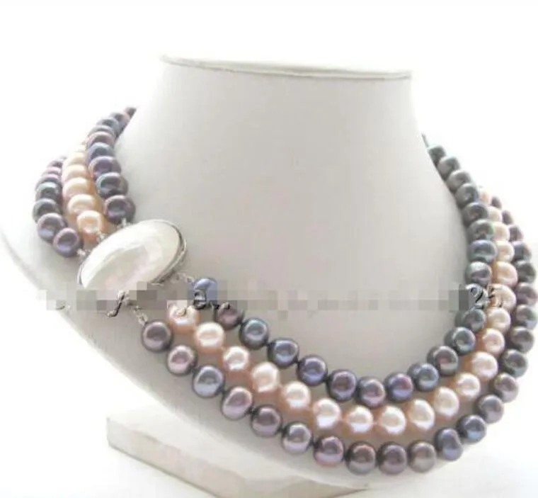 Prix de gros 16new ^ ^ Magnifique collier de perles d'eau douce rondes 17-19 "3 rangs 9mm noir rose