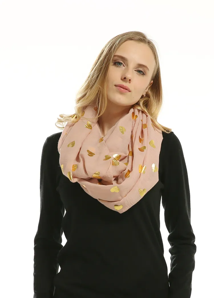 Metallic Gold Heart Print Ring Scarf Europe Fashion Womens Navy Pink Glänsande Bronzing Silver Heart Infinity Scarves