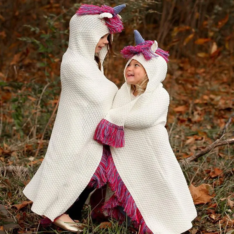 Çocuklar Unicorn Şapka Kapşonlu püskül Battaniye Şal Örme Kap Cosplay Fotoğraf örgü battaniye şapka pelerin LJJK1052
