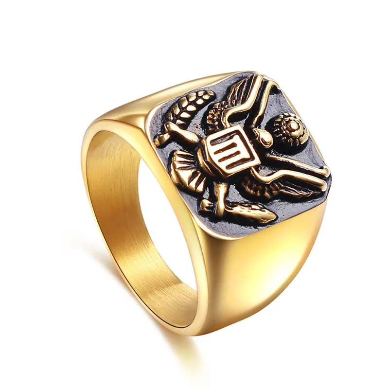 Guldfärg Rostfritt stål Mäns Ring Punk Amerika Militär Badge Ringar för Män Vintage Hip Hop Fashion Smycken Ring Partihandel