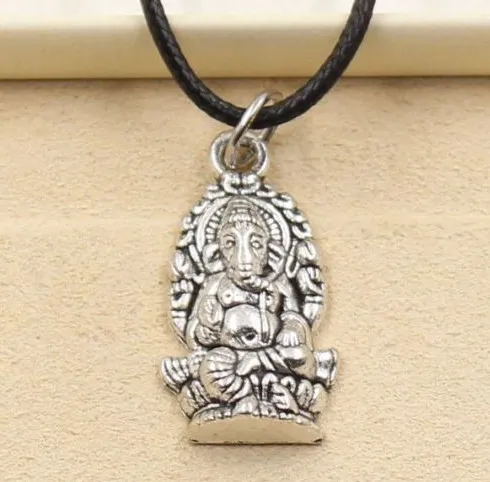 free ship Tibetan Silver Religion Thailand Ganesha Buddha Choker Charms Black Leather Cord Necklace DIY