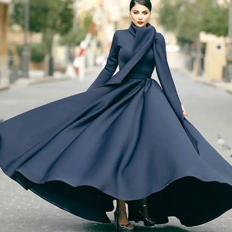 Muslim Long Sleeves Prom Dresses Fashion High Neck Zipper Closed