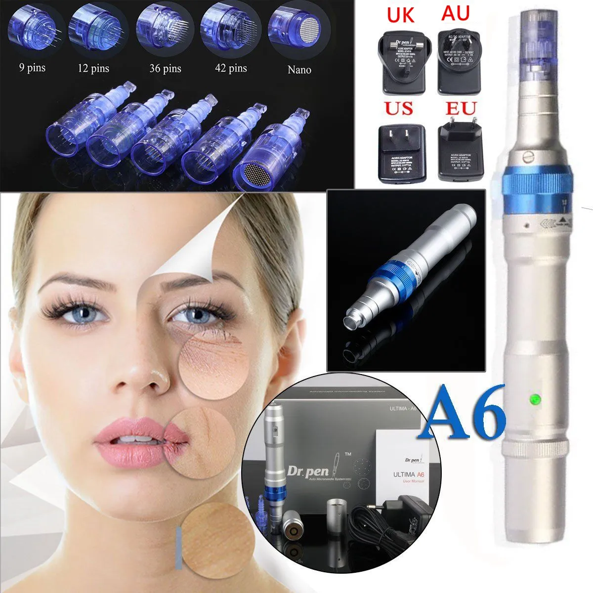 Kablosuz Derma Pen Güçlü Ultima A6 Microneedle Dermapen Dermastamp Meso 12 İğneler Değiştirilebilir Kartuş AB / ABD / İNGILTERE / AU FİŞ CE