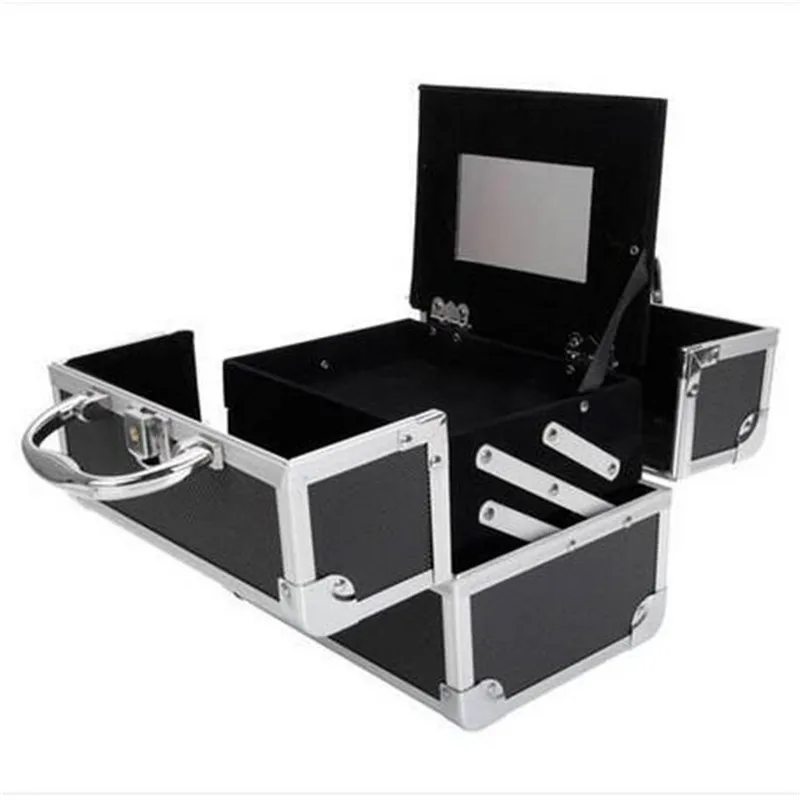 Fashion Cosmetic bag Portable Diamond Texture Aluminum Makeup Storage Bag with Mirror & Key Black