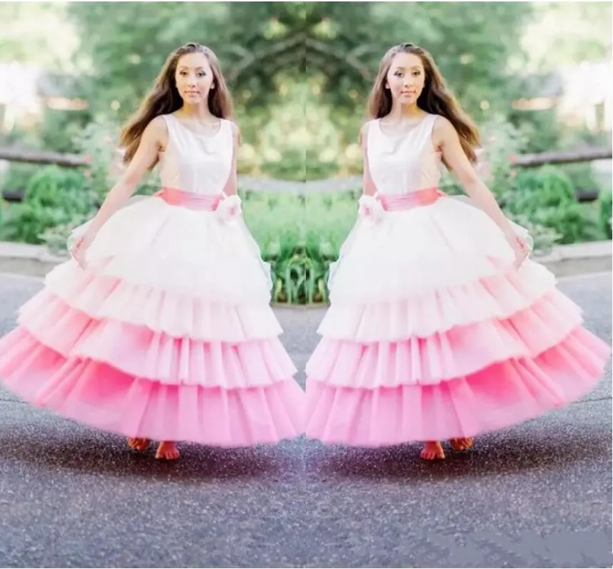 White Pink Flower Girl Dress Tiered Wedding Party Gown, Sleeveless  Pageant Dress with Handmade Flower Sash Buy Now!