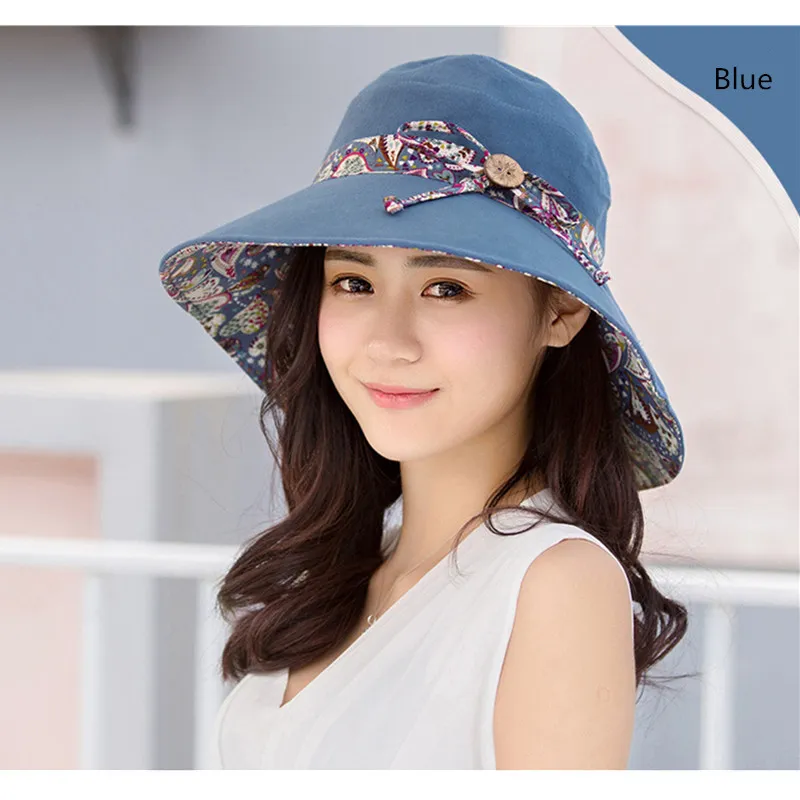 أزياء المرأة قبعة الشاطئ قابلة للطي مع الصيف BOWKNOT واسعة بريم طباعة الأزهار قبعة الأشعة فوق البنفسجية حماية أحد القبعات
