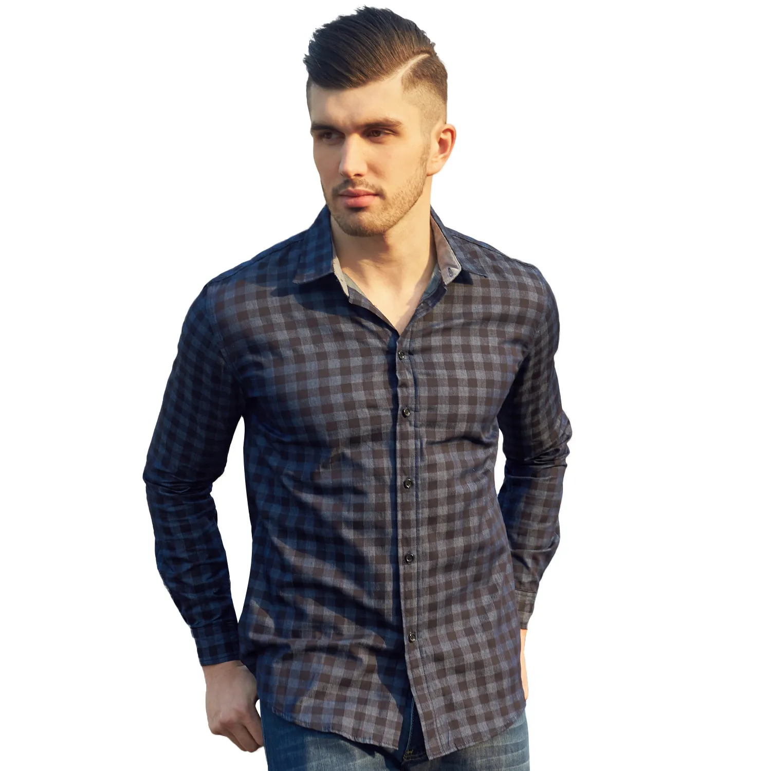 Camisas casuais masculinas de jeans de jeans de manga longa cair de colarinho de colar