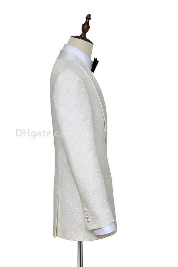 Custom Made White Paisley Groom Tuxedos One Button Side Vent Men Party Groomsmen Garnitury Męskie Garnitury Biznesowe Kurtka + Spodnie + Krawat + Opas Nie;