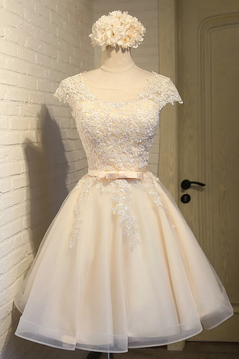 Lace Applique Homecoming Dress Short Sleeve Jewel Neck Organza A-Line Mini  Dress from Dhgate Homecoming Dresses