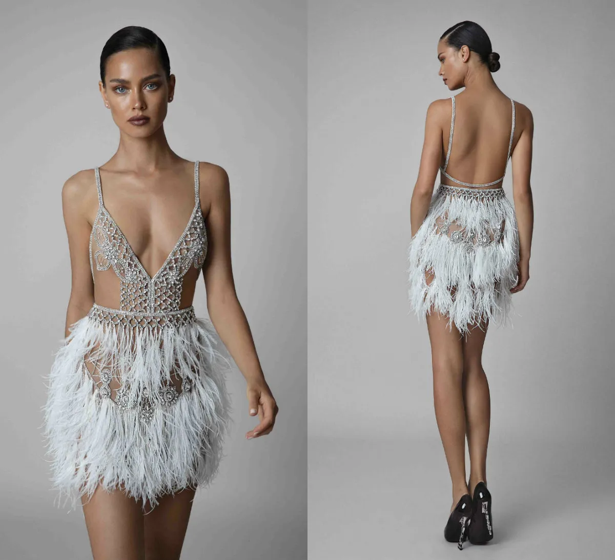 2019 Berta Abendkleider Spaghetti Illusion Luxus Feder Perlen Sexy rückenfreies kurzes Ballkleid Cocktailkleider Strass Besonderes Kleid